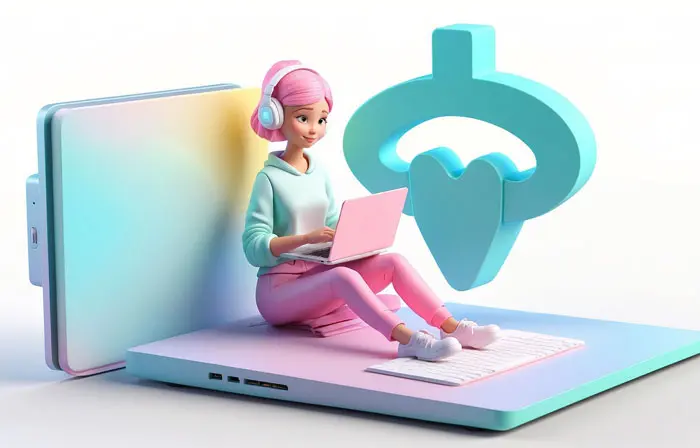 Happy Girl Using the Laptop 3D Cartoon Illustration image